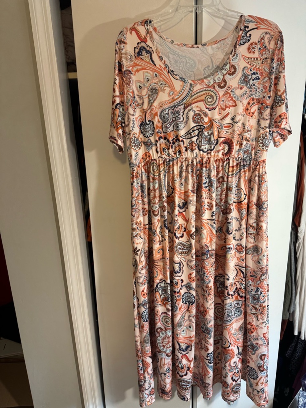 Paisley-Print Short Sleeve Midi Dress - Pink/Peach Paisley